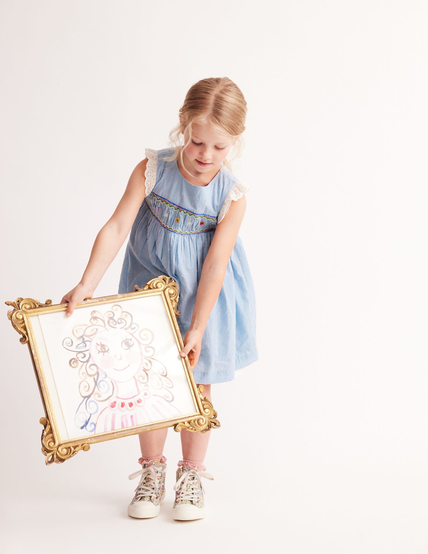 Smocked Lace Trim Dress-Mid Vintage Denim