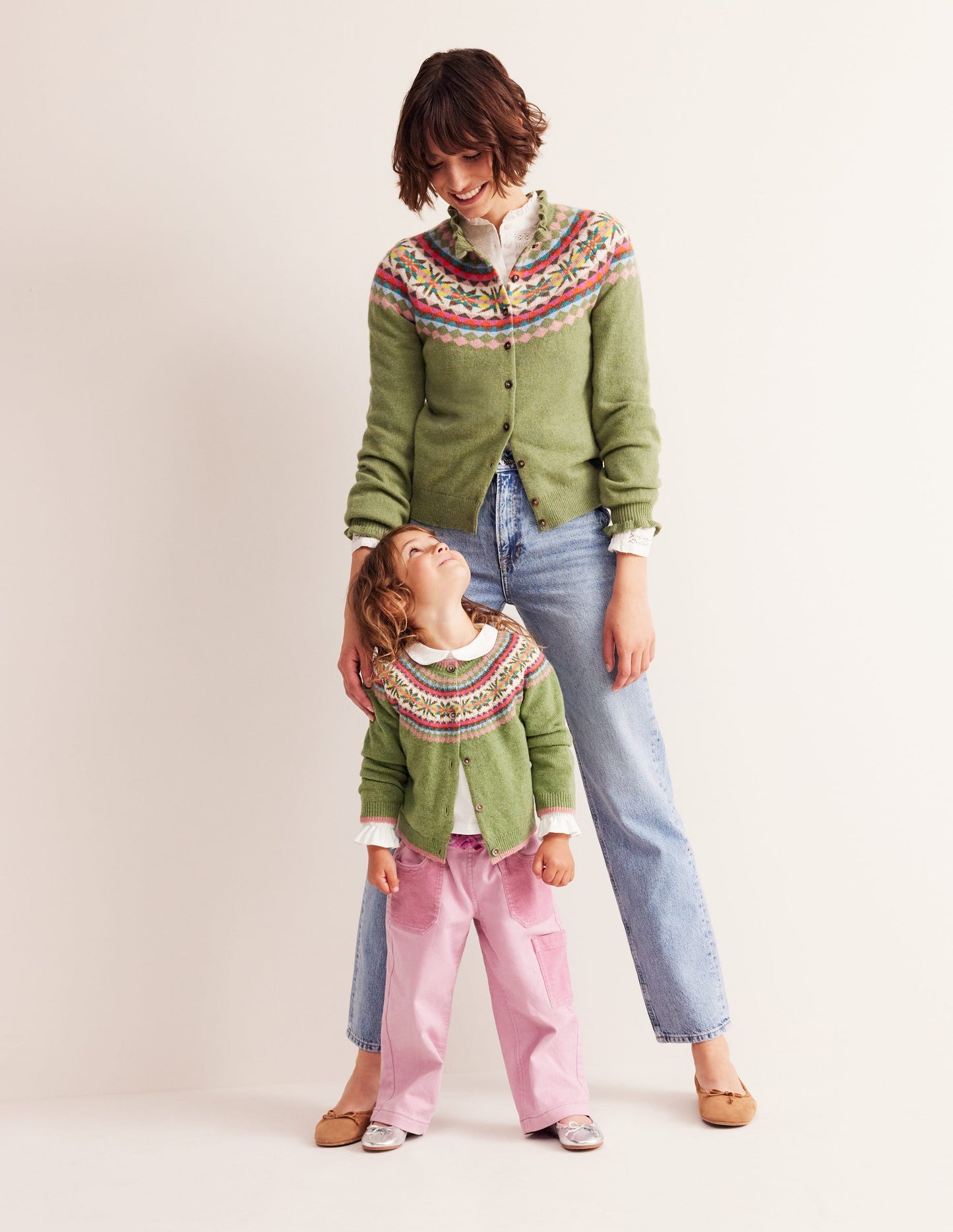 Edie Fair Isle Cardigan-Green/ Pink Fair Isle