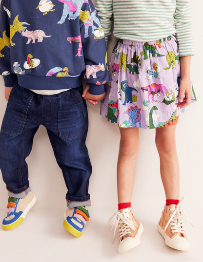 Printed Pull-On Twirly Skirt-Lilac Dino Family