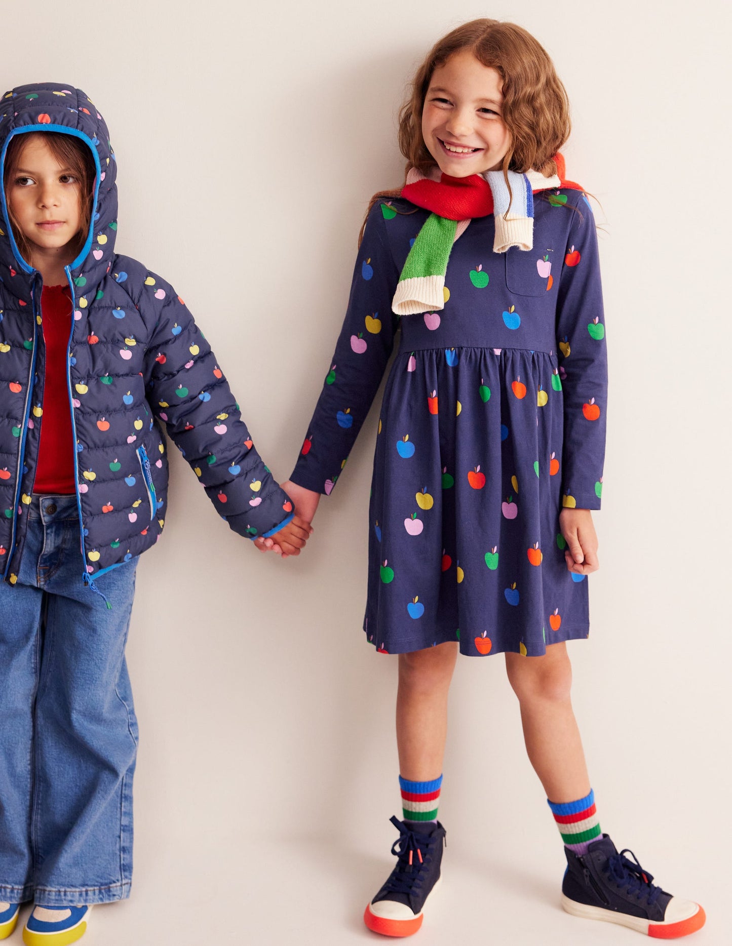 Long-Sleeved Fun Jersey Dress-College Navy Rainbow Apples