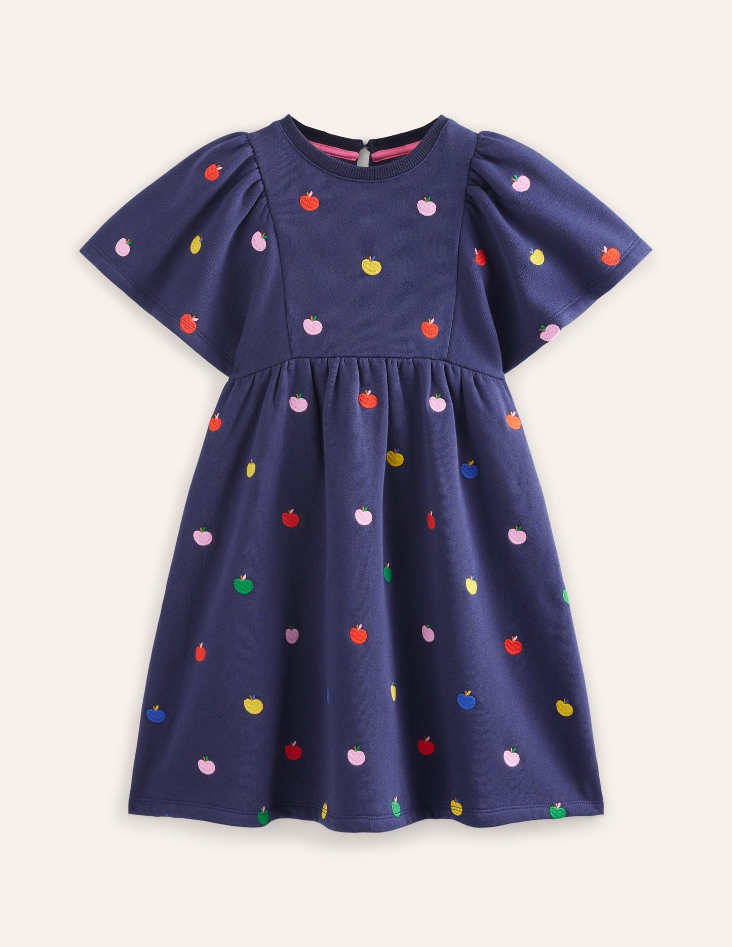 Embroidered Sweatshirt Dress-College Navy Rainbow Apples