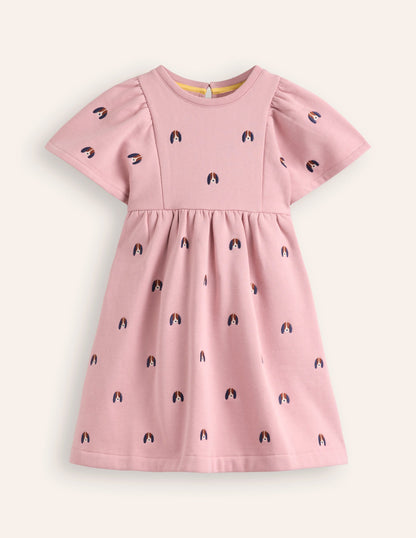 Embroidered Sweatshirt Dress-Vintage Pink Pups