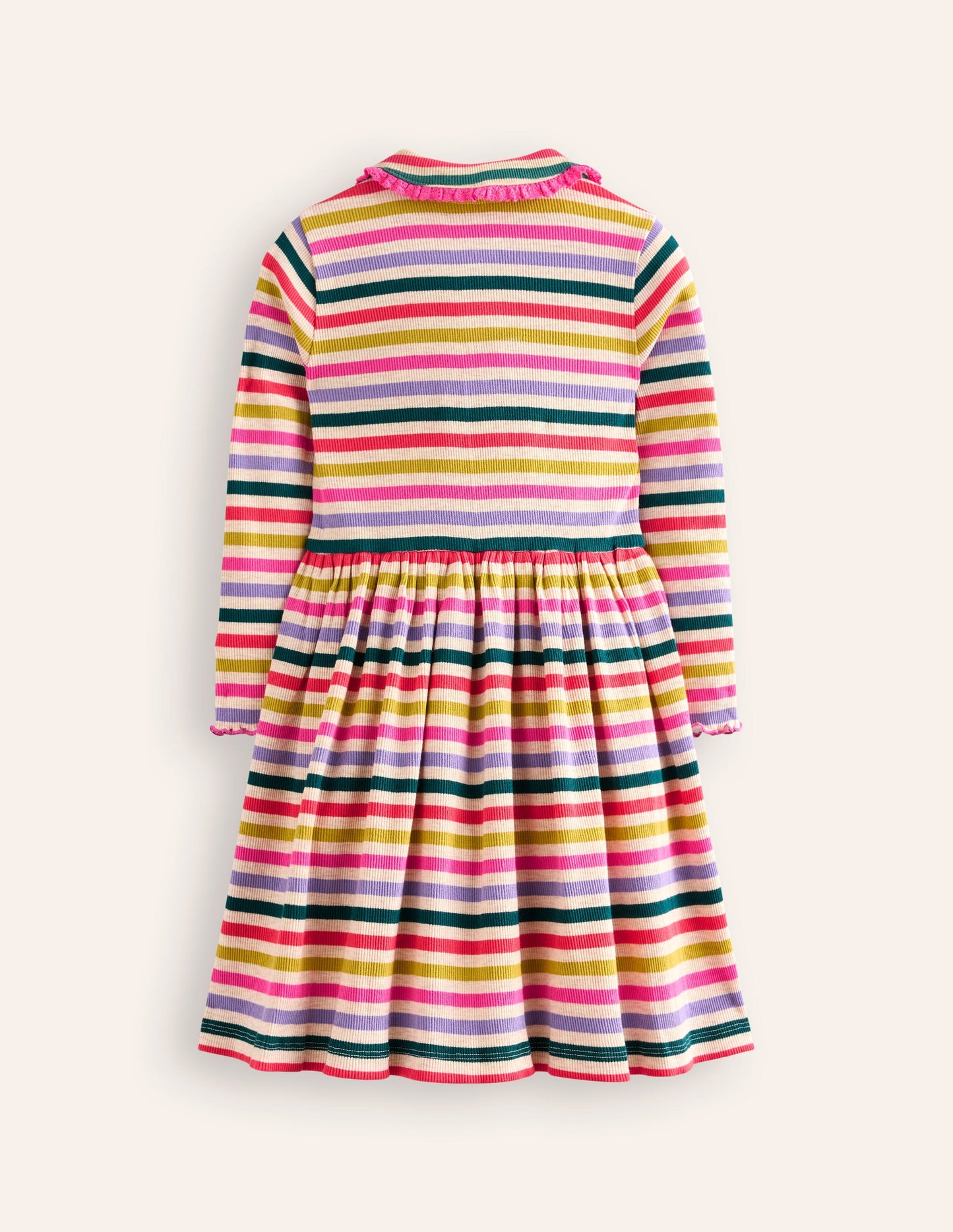 Collared Rib Twirly Dress-Oatmeal Melange Multi Stripe