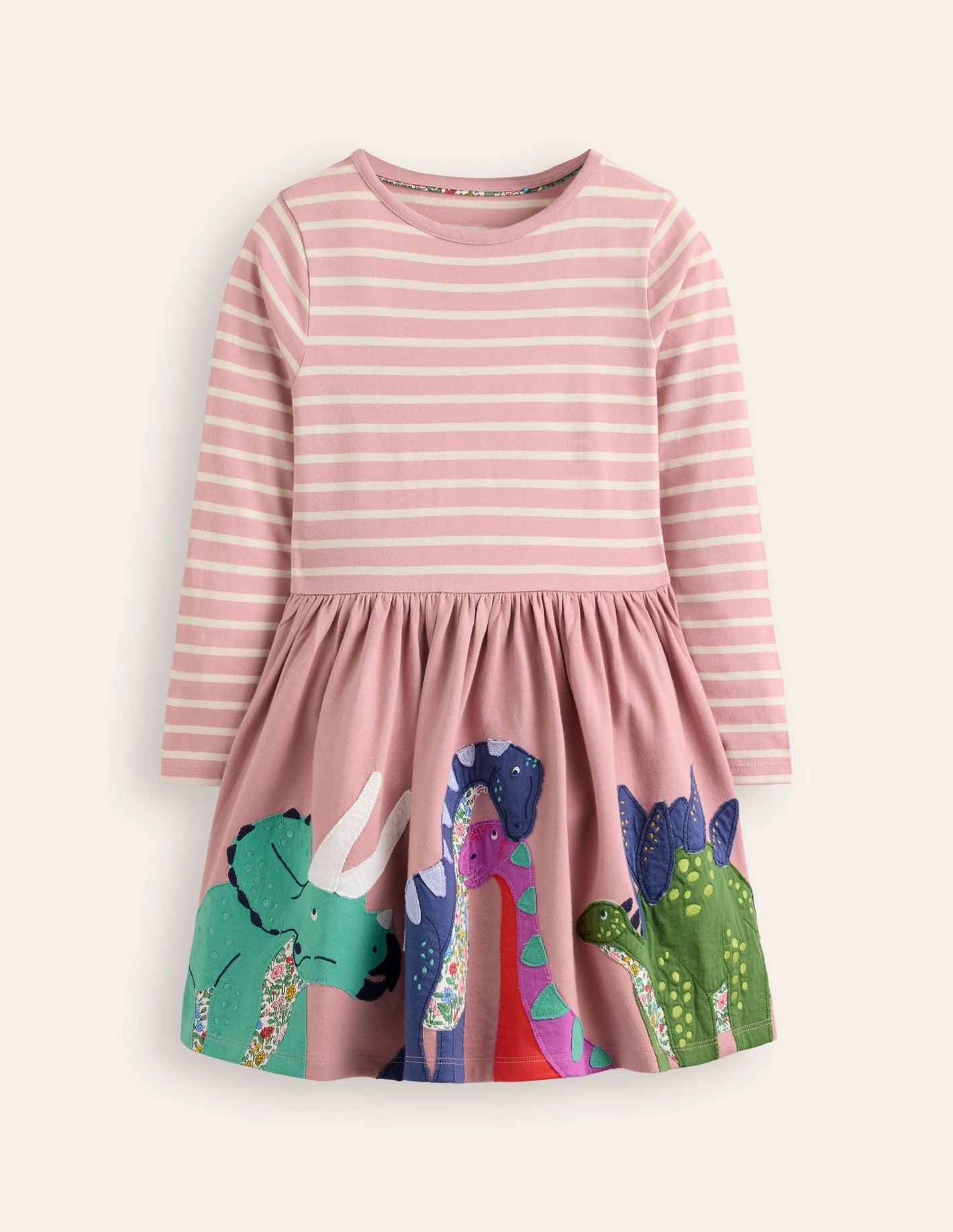 Appliqué Hem Jersey Dress-Vintage Pink Dinosaurs