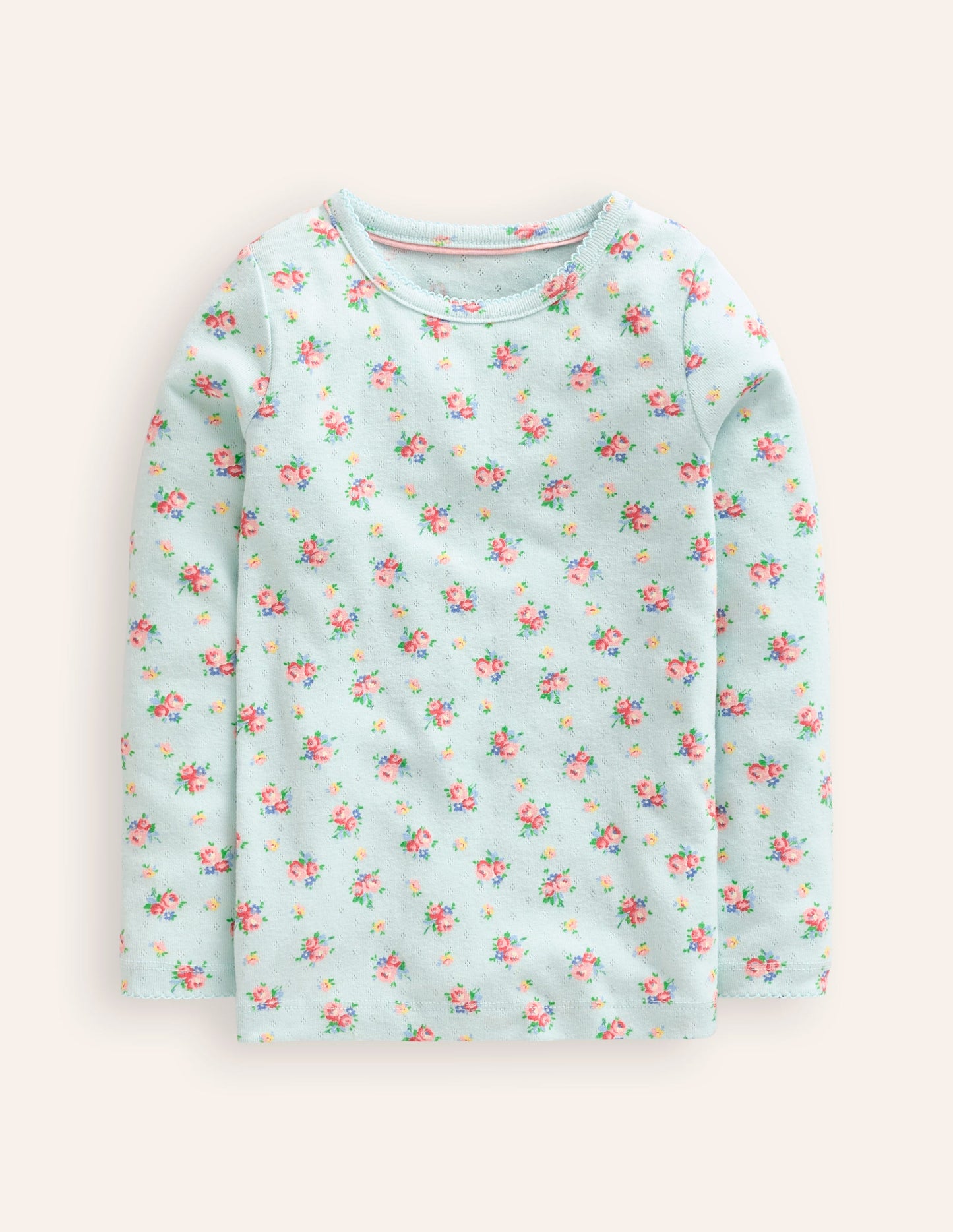 Long Sleeve Pointelle Top-Pale Green Floral Bouquet