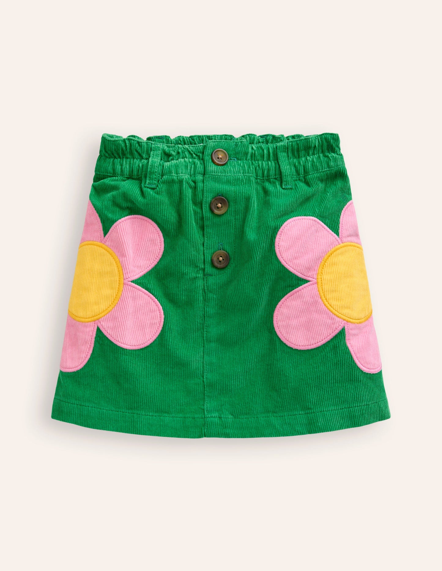 Button Pull-On Mini Skirt-Iguana Green Appliqué Flowers