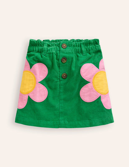 Button Pull-On Mini Skirt-Iguana Green Appliqué Flowers