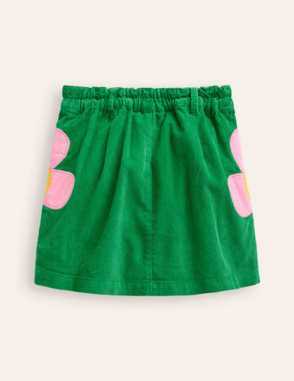 Button Pull-On Mini Skirt-Iguana Green Appliqué Flowers