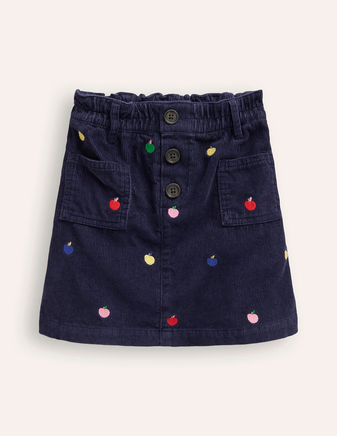 Button Pull-On Mini Skirt-Navy Multi Apples Embroidery