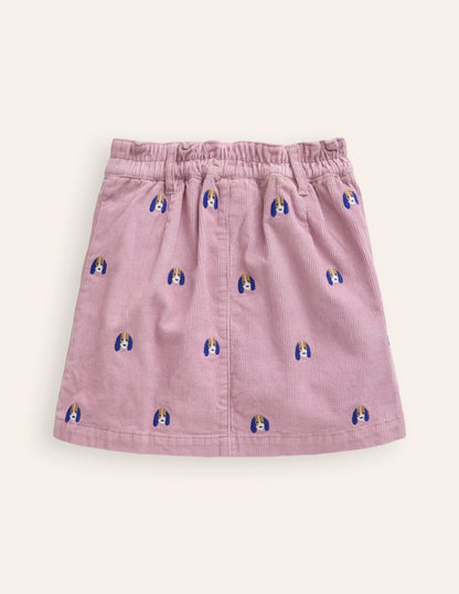 Button Pull-On Mini Skirt-Zephyr Pink Pup Embroidery