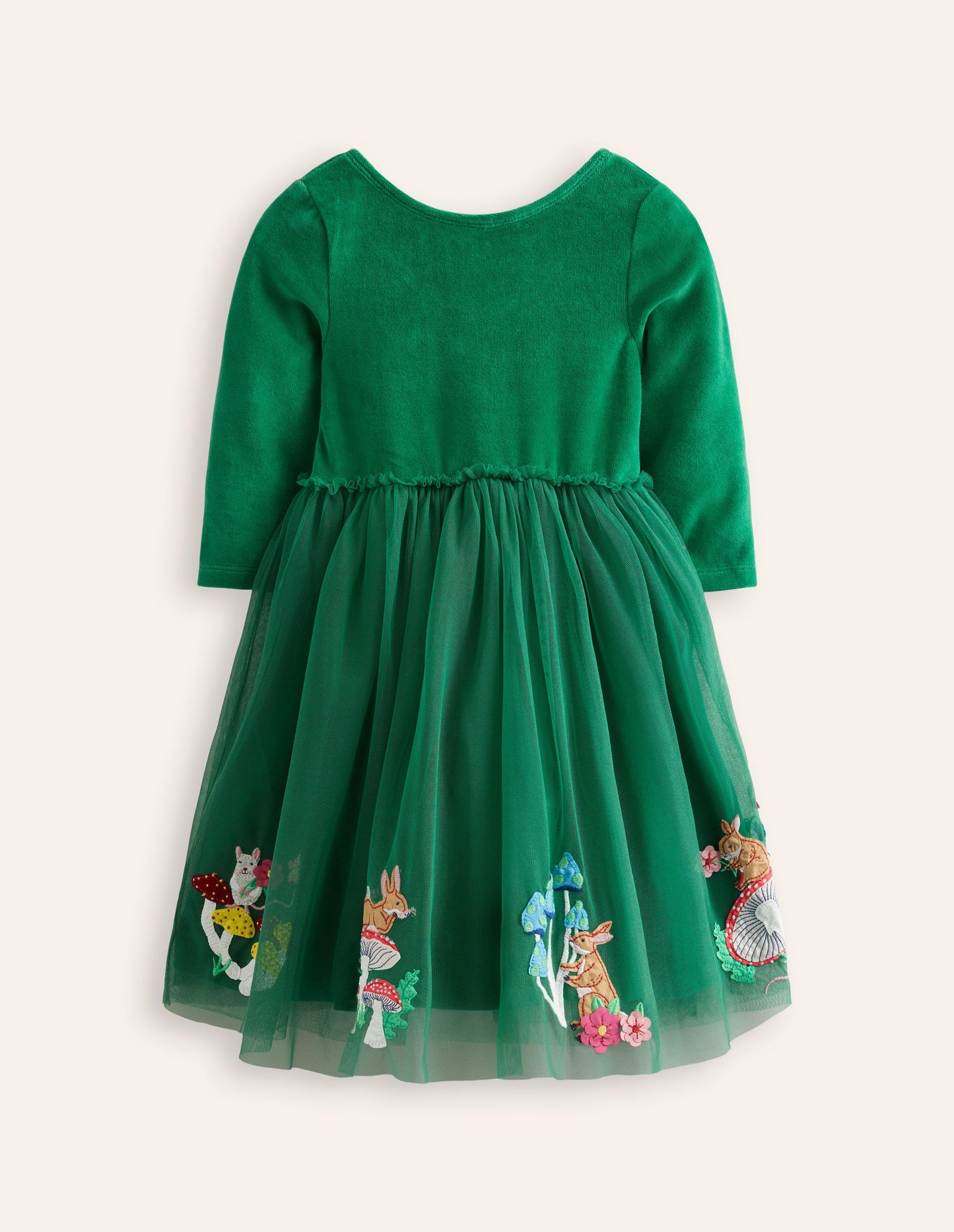 Velvet Tulle Appliqué Dress-Jewel Green Woodland Animals