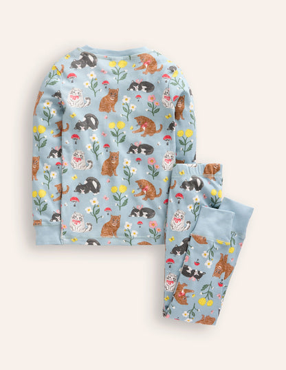 Snug Long John Pajamas-Turquoise Cats