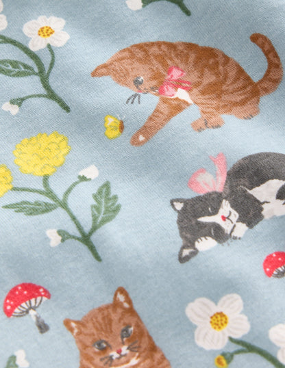 Snug Long John Pajamas-Turquoise Cats