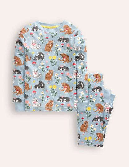 Snug Long John Pajamas-Turquoise Cats