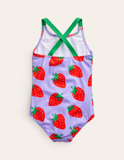 Cross-back Printed Swimsuit-Violet Tulip Strawberries