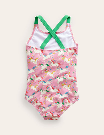 Cross-back Printed Swimsuit-Formica Pink Unicorns