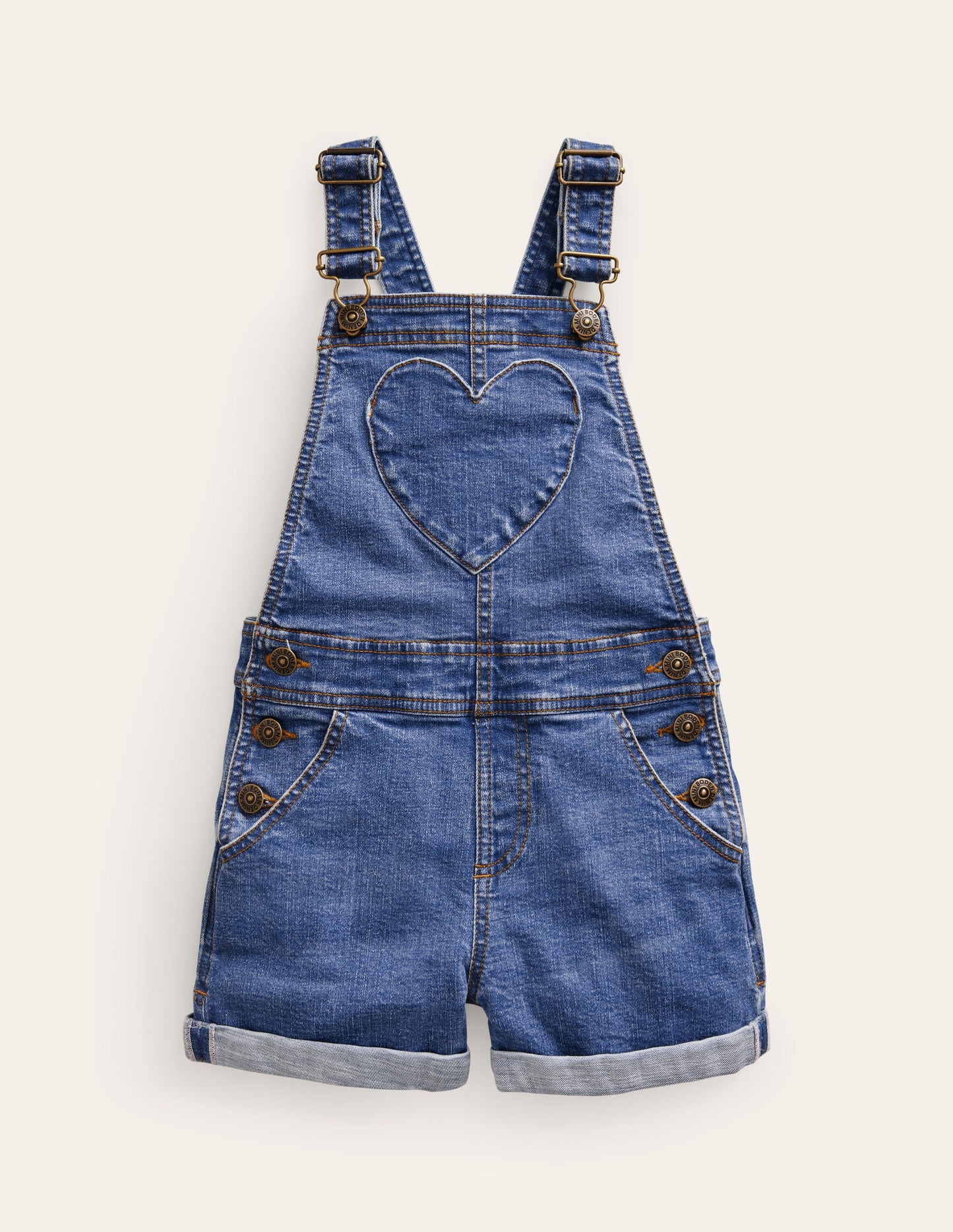 Heart Pocket Short Overalls-Mid Vintage Denim