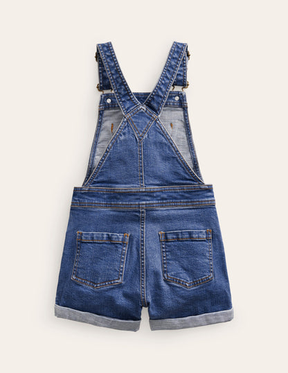 Heart Pocket Short Overalls-Mid Vintage Denim