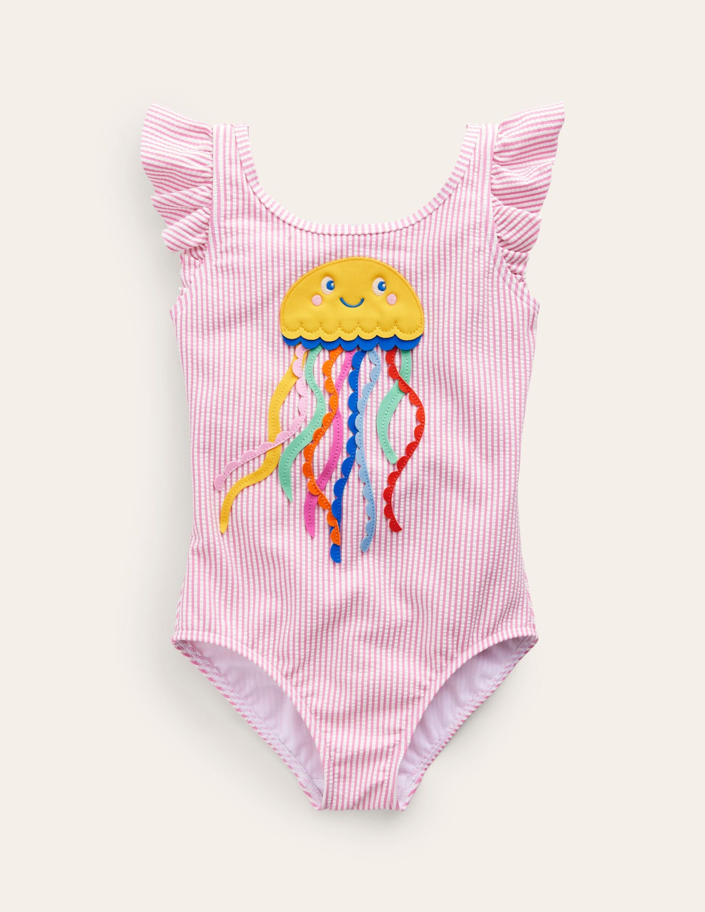 Logo Flutter Sleeve Swimsuit-Pink Ticking Jellyfish