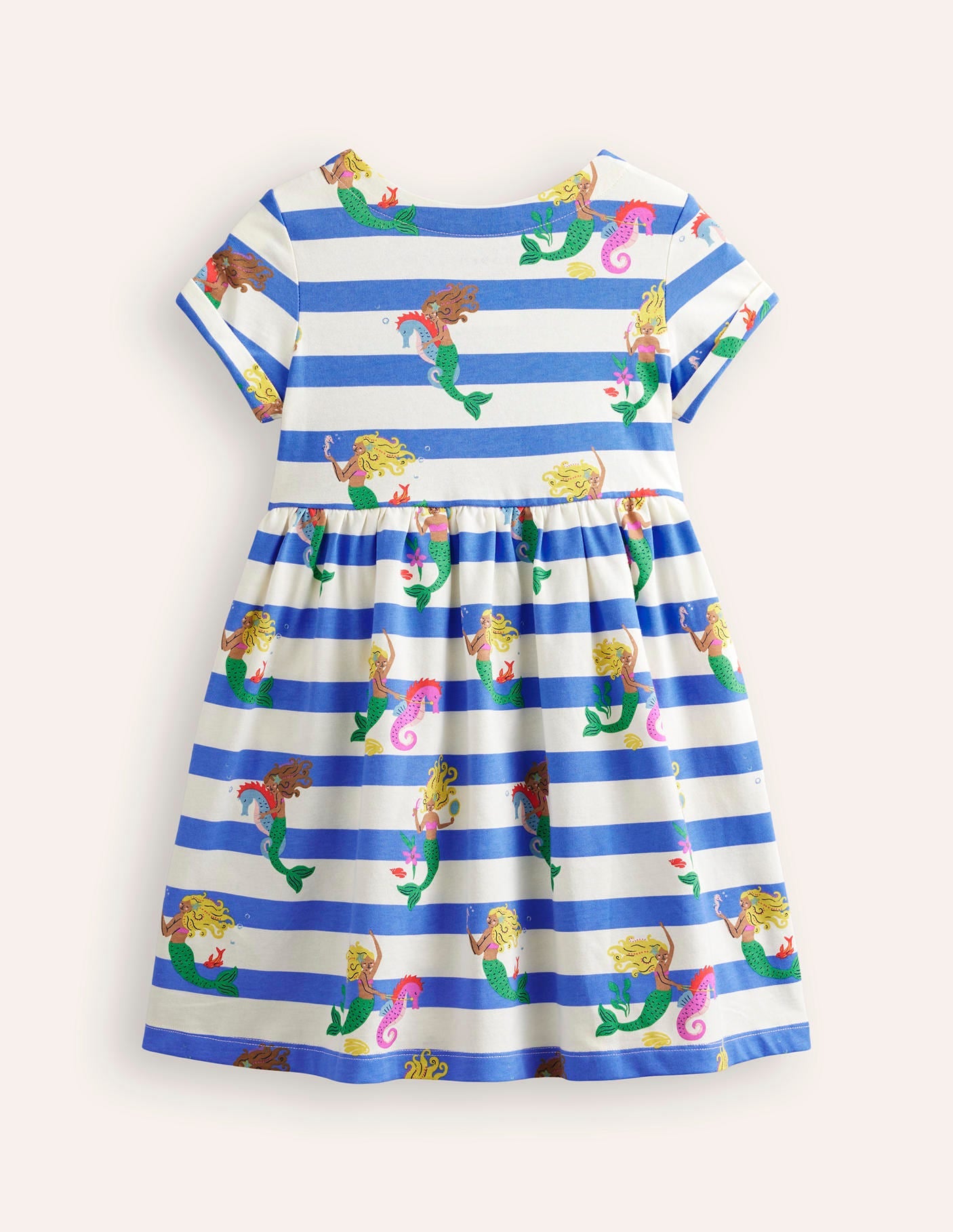 Short-sleeved Fun Jersey Dress-Surf Blue Mermaid Stripe