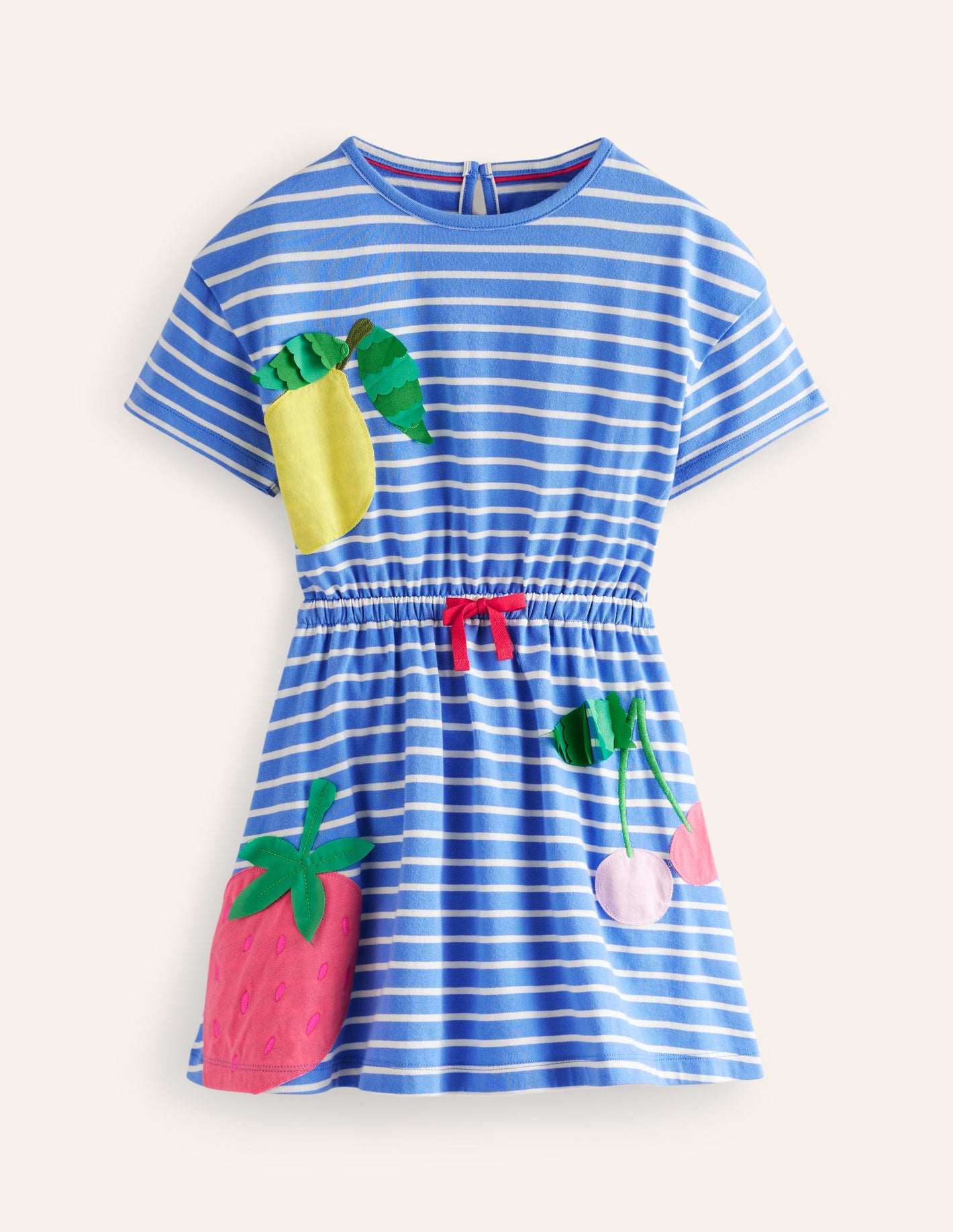 Tie Waist Applique Dress-Surf Blue/Ivory Fruit