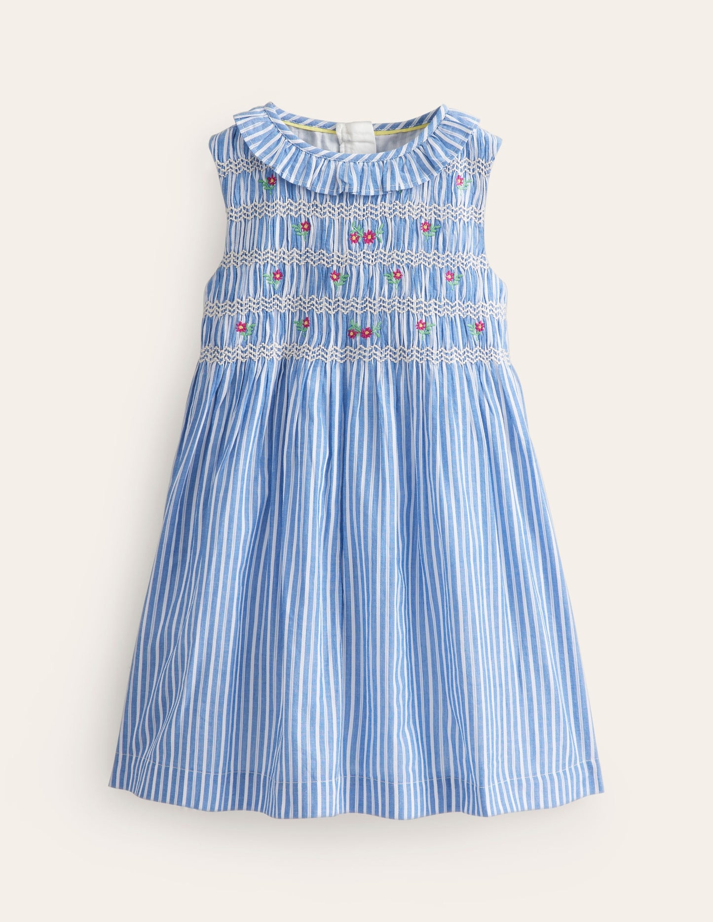 Smocked Bodice Dress-Mid Blue Leno Stripe