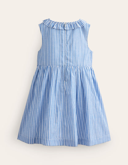 Smocked Bodice Dress-Mid Blue Leno Stripe