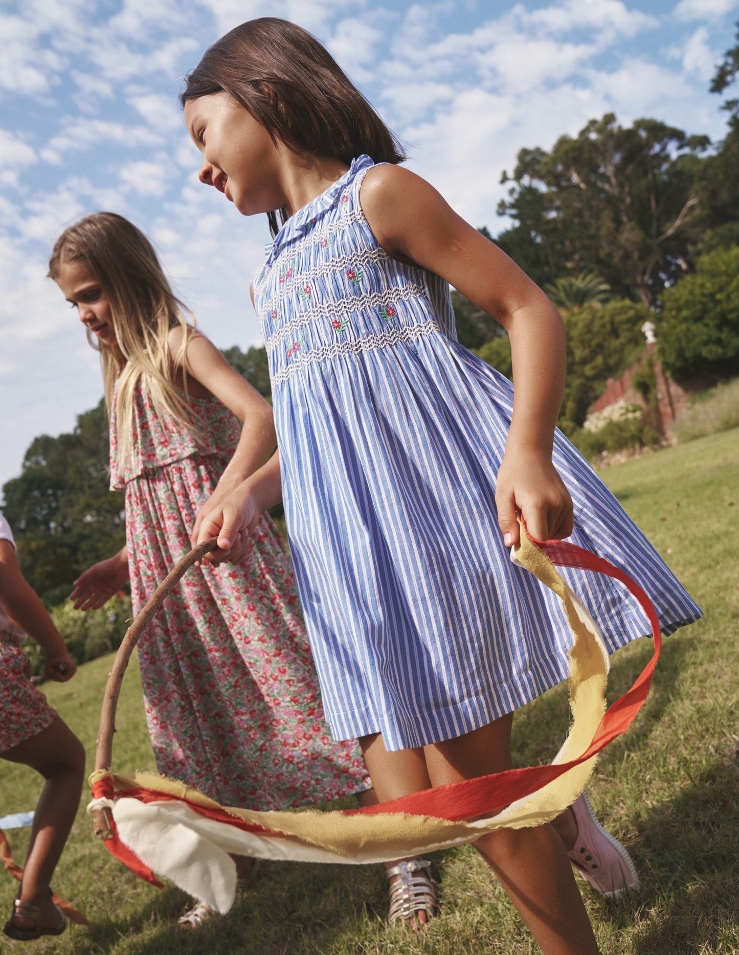 Smocked Bodice Dress-Mid Blue Leno Stripe