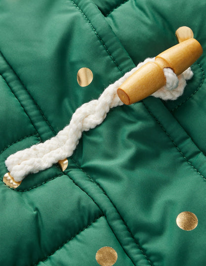 Longline Padded Coat-Jewel Green Gold Foil Confetti