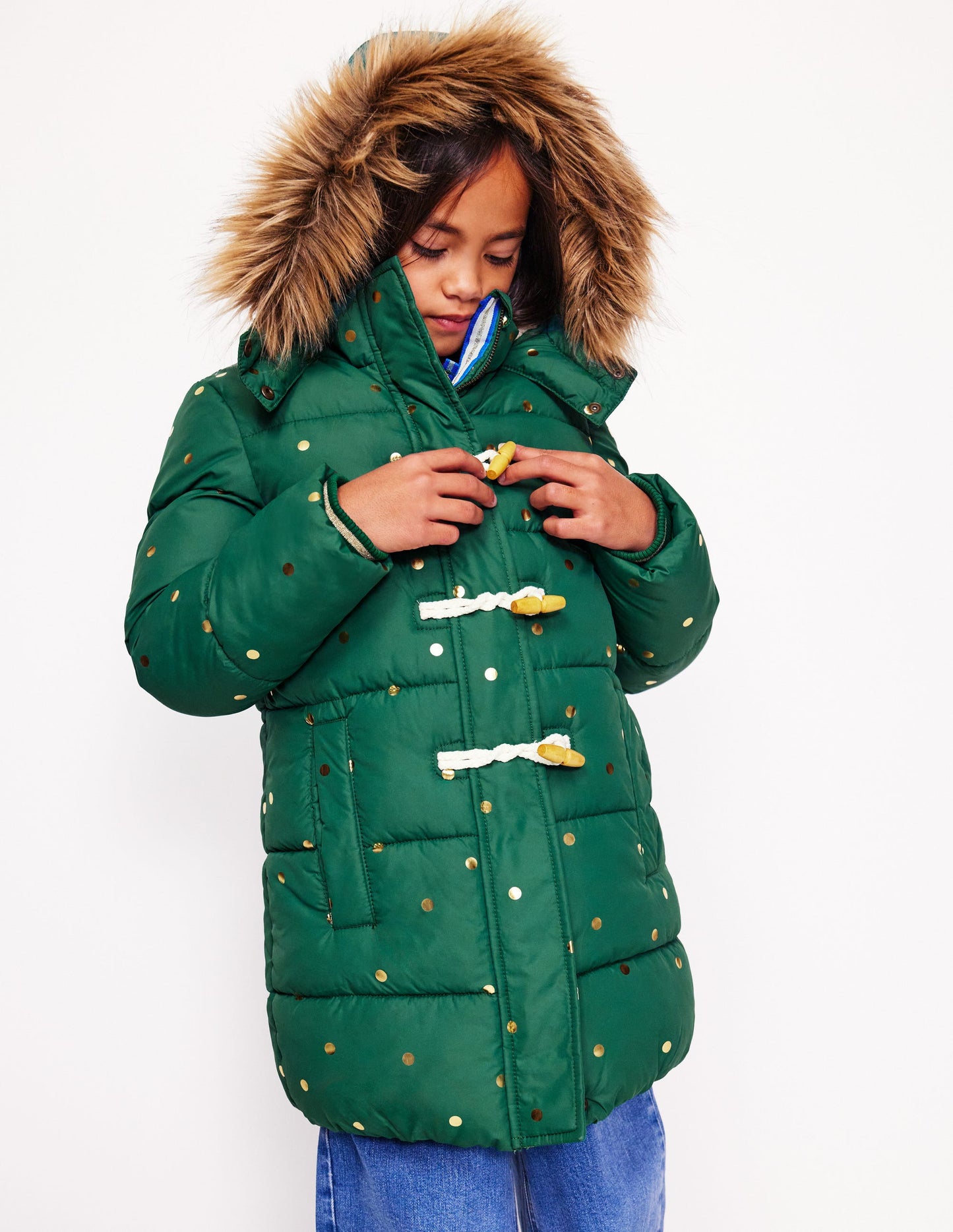 Longline Padded Coat-Jewel Green Gold Foil Confetti