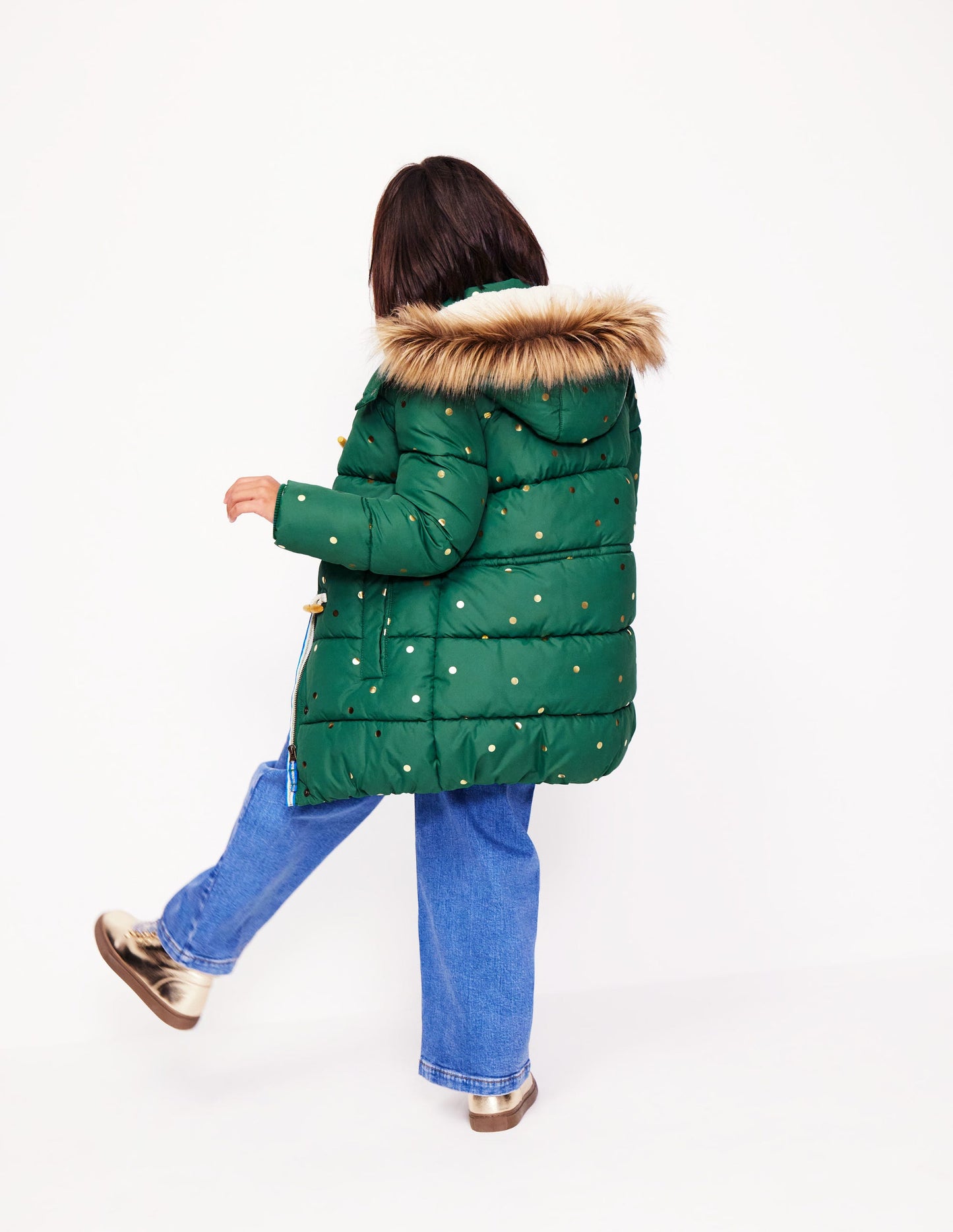 Longline Padded Coat-Jewel Green Gold Foil Confetti