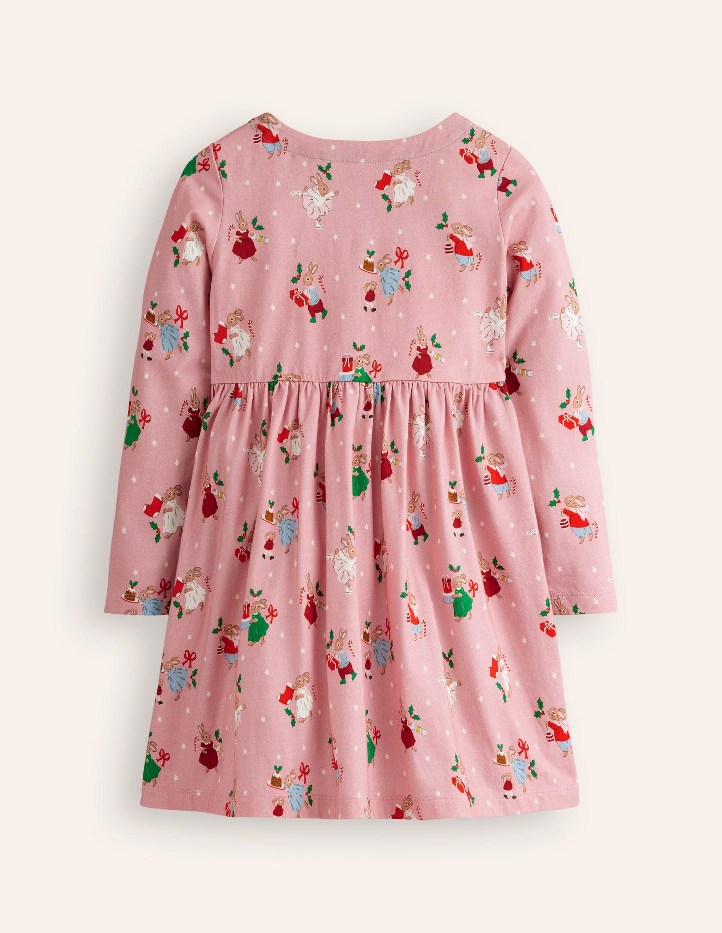 Long-Sleeved Fun Jersey Dress-Vintage Pink Festive Bunny