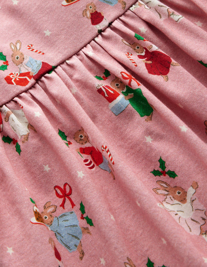 Long-Sleeved Fun Jersey Dress-Vintage Pink Festive Bunny