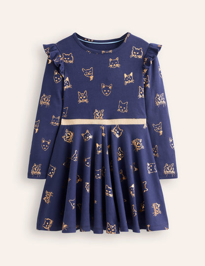 Mabel Twirly Ballerina Dress-College Navy Gold Foil Cats