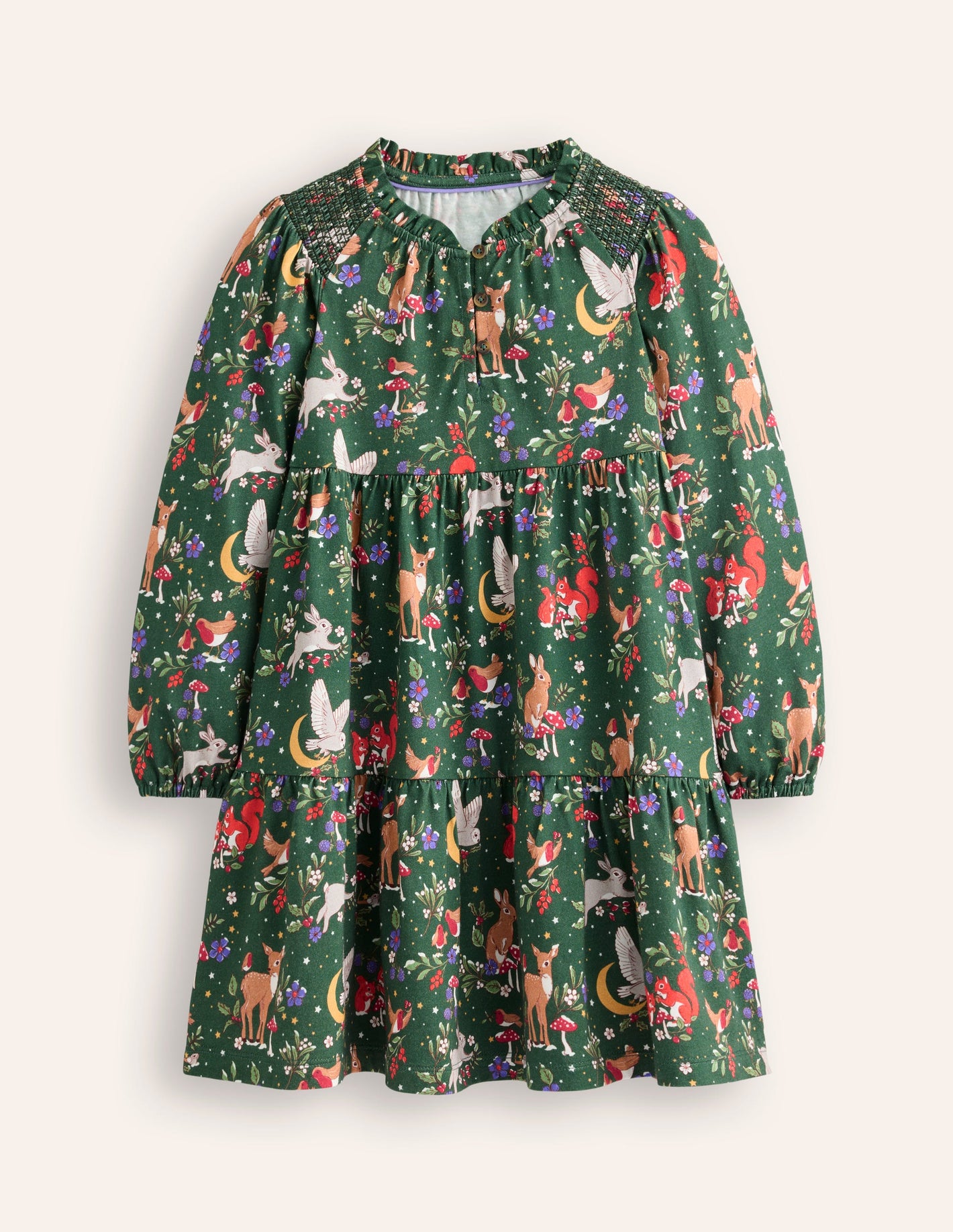 Katherine Tiered Jersey Dress-Pine Festive Woodland