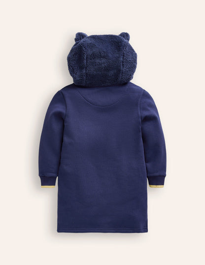 Fleece Novelty Hoodie Dress-College Navy Cat