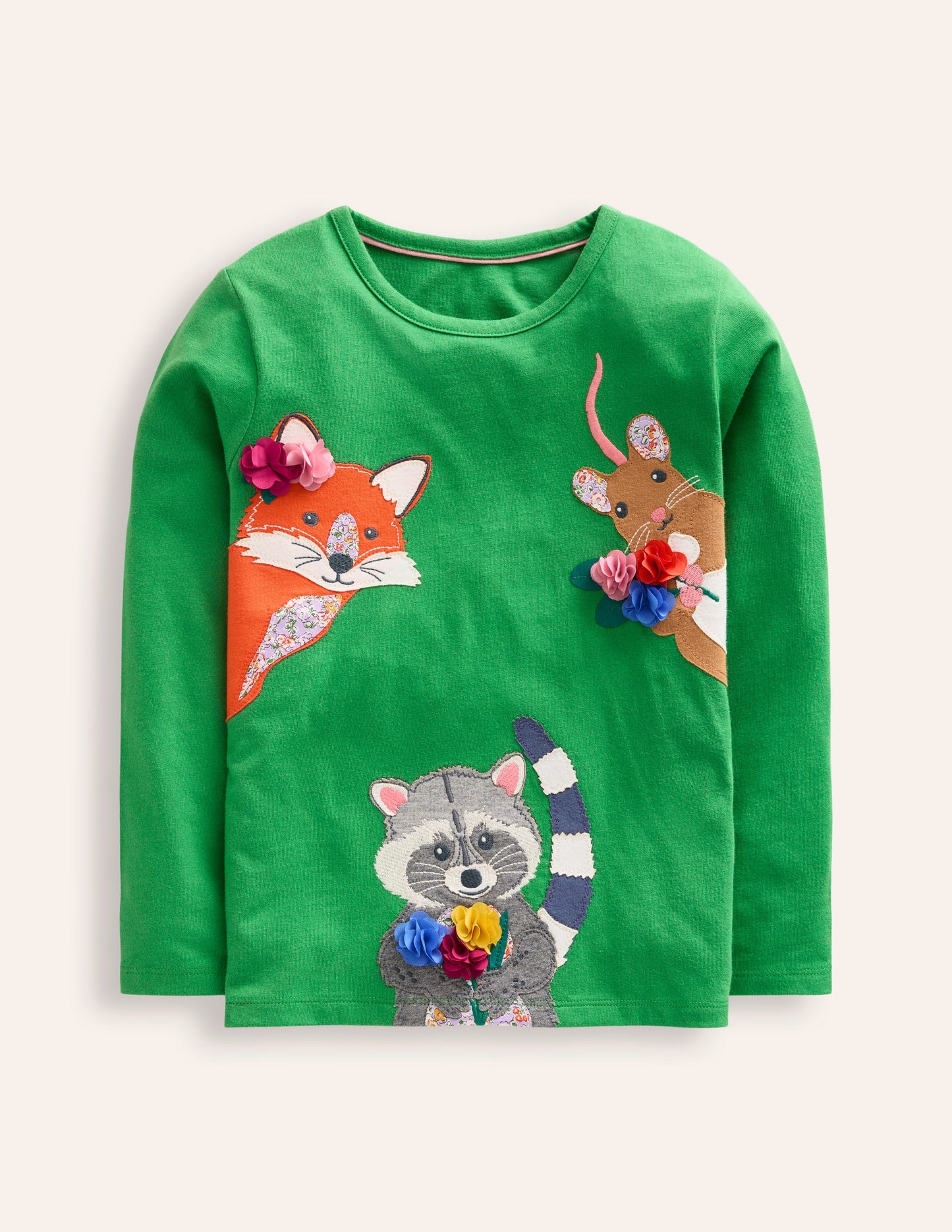 Appliqué Long Sleeve Top-Iguana Green Woodland Animals