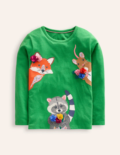 Appliqué Long Sleeve Top-Iguana Green Woodland Animals