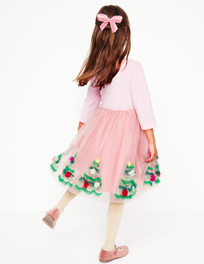 Velvet Tulle Appliqué Dress-Vintage Pink Christmas Trees