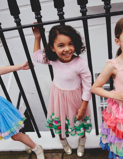 Velvet Tulle Appliqué Dress-Vintage Pink Christmas Trees