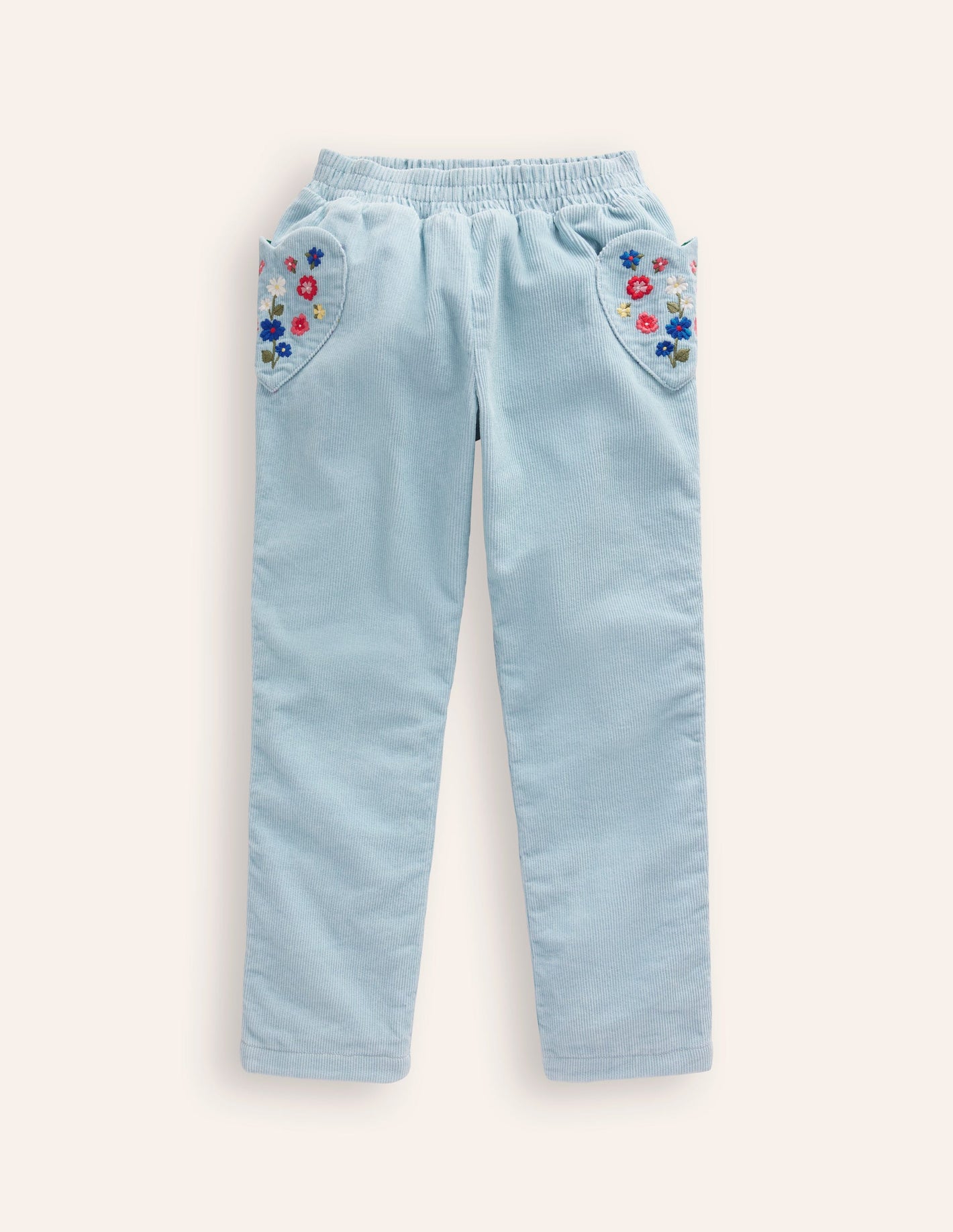 Lined Pull-on Cord Pants-Vintage Blue Embroidery