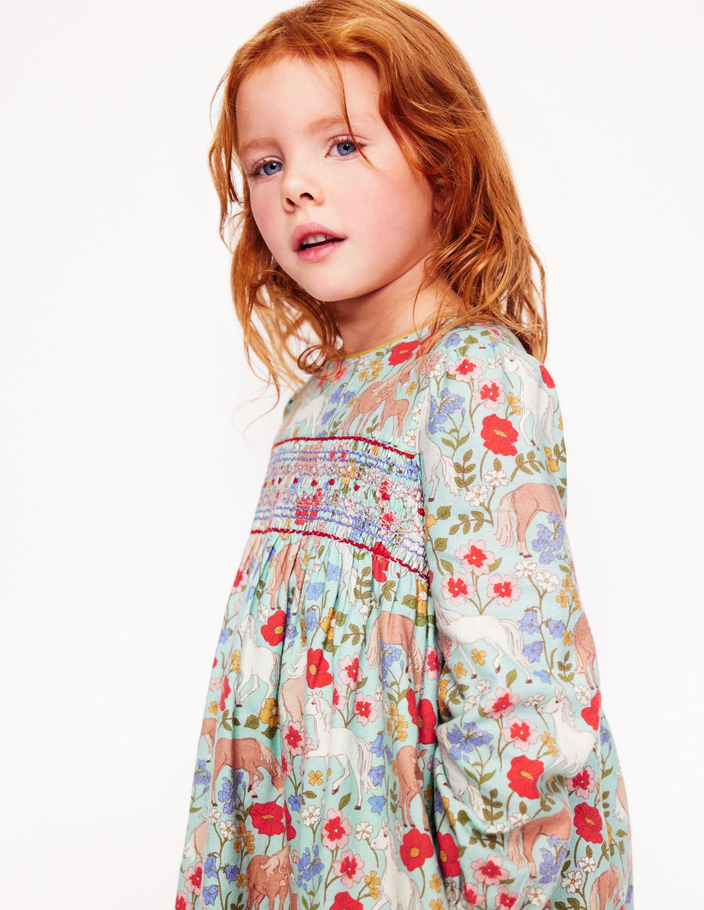 Bess Cosy Smocked Dress-Blue Frost Pony Floral