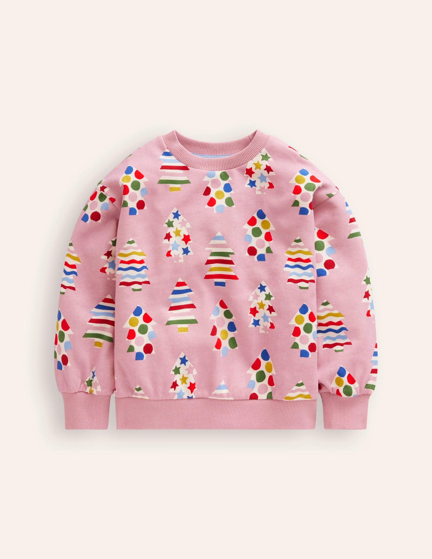 Printed Relaxed Sweatshirt-Vintage Pink Christmas Trees