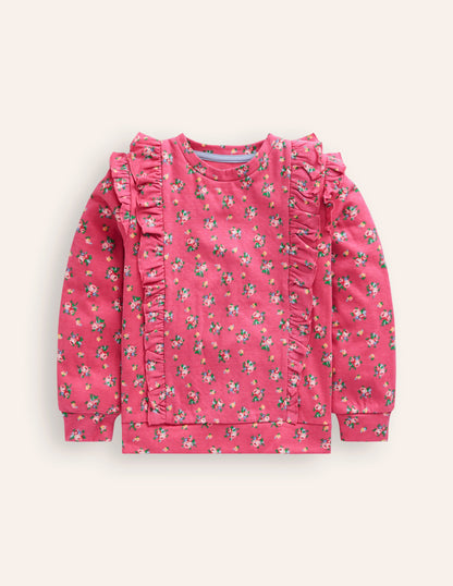 Frill Printed Sweatshirt-Rose Petal Pink Floral Bouquet