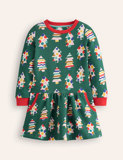 Cosy Printed Sweatshirt Dress-Jewel Green Christmas Trees