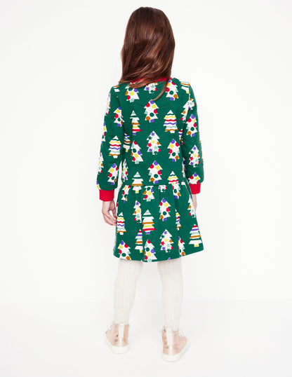 Cosy Printed Sweatshirt Dress-Jewel Green Christmas Trees