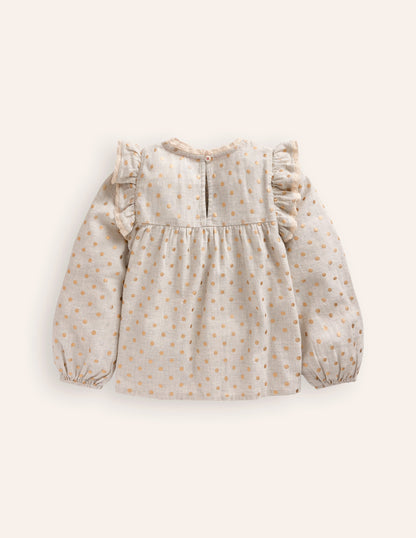 Dorothy Smocked Ruffle Blouse-Vanilla White Gold Spot