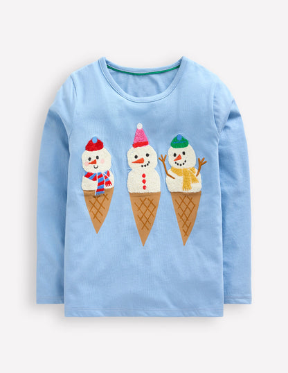 Printed Graphic T-Shirt-Vintage Blue Snowmen