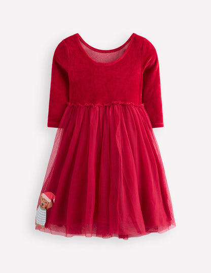 Velvet Tulle Appliqué Dress-Carmine Red Festive Dogs