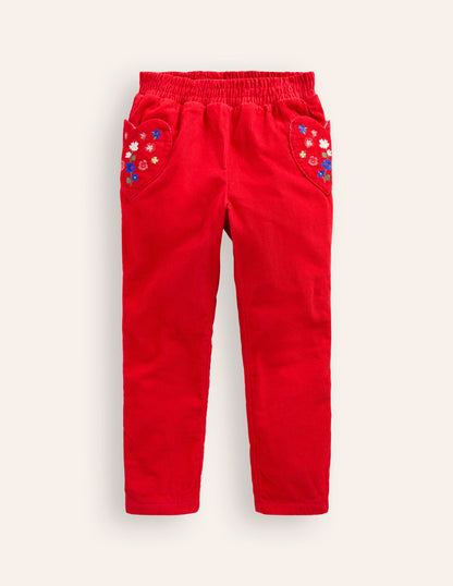 Lined Pull-on Cord Pants-Sunset Orange Embroidery